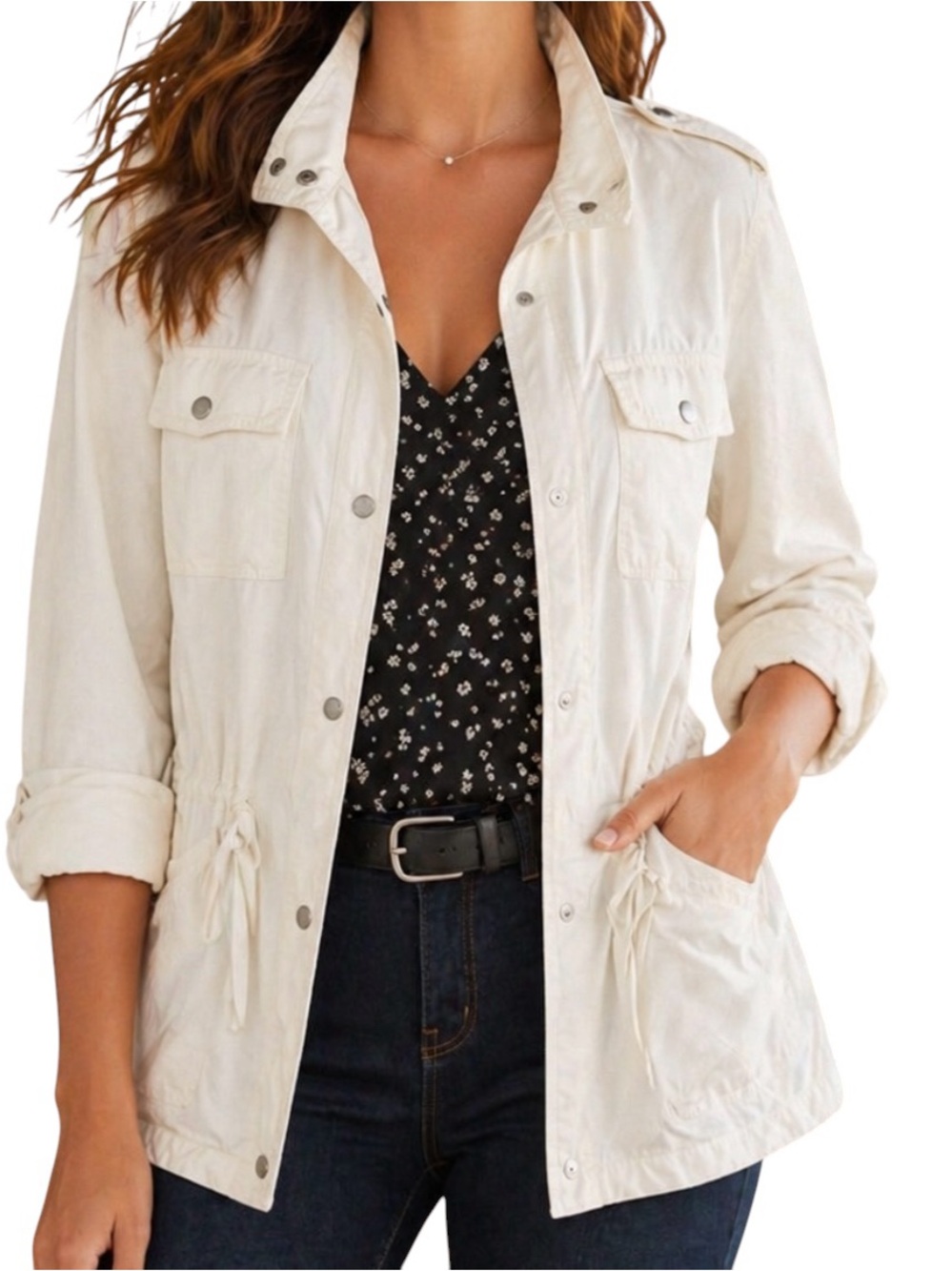 LOFT Ivory Snap Front Adjustable Waist Utility Cargo Jacket Size XL